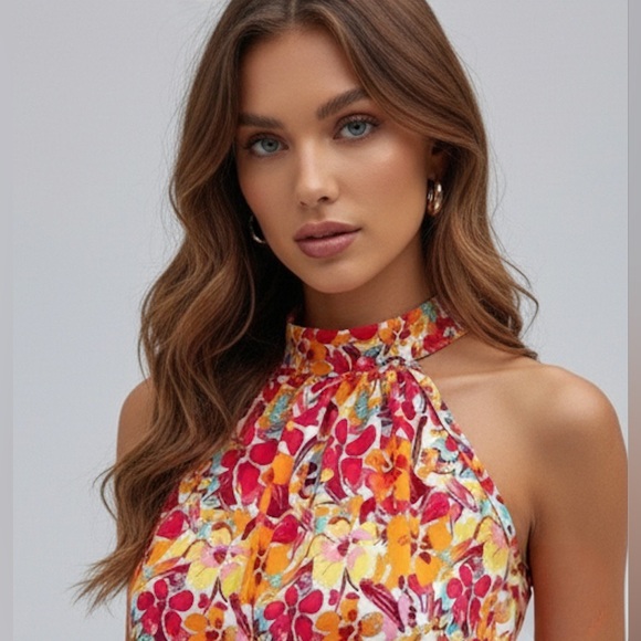 Floral Print Keyhole Back Halter  Blouse - Picture 2 of 9